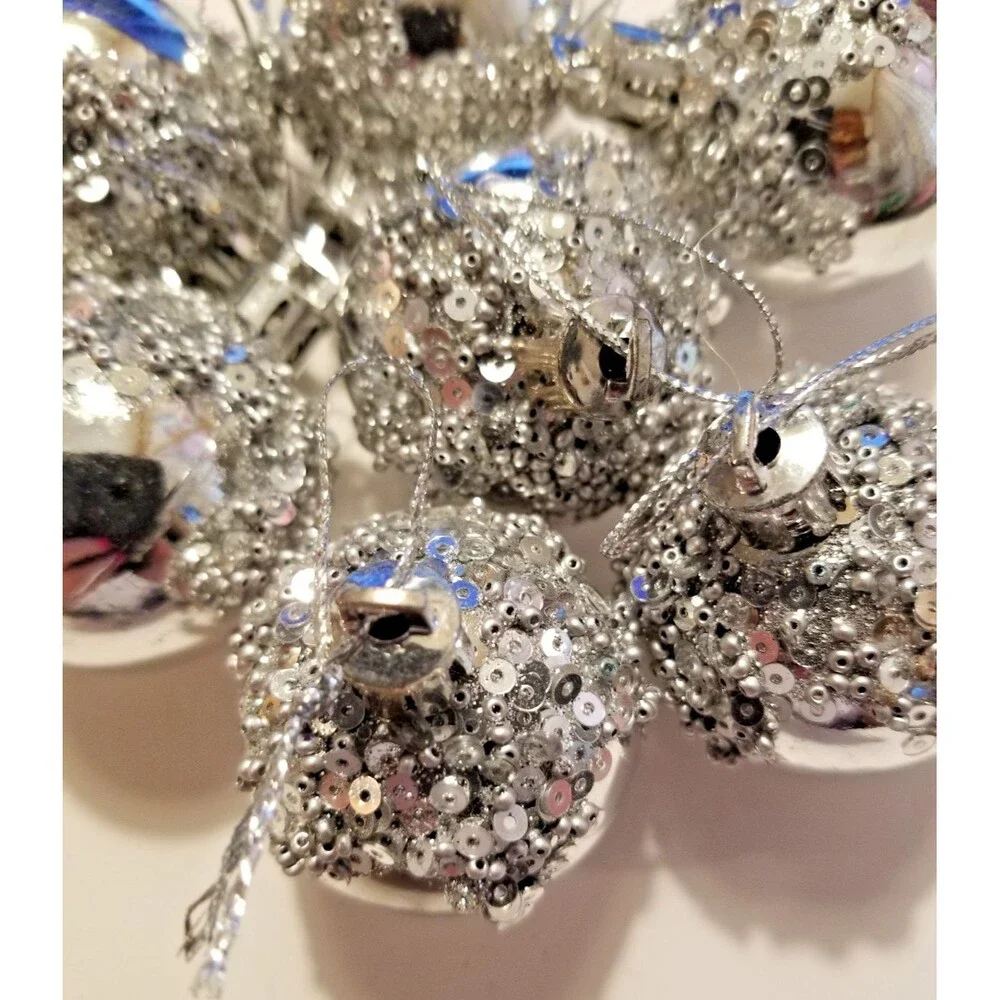 Beautiful Holiday Ornaments Silver Sequin & Bead Design Plastic Set of 9 Hanging